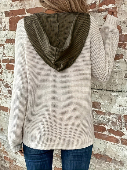 Color Block Button Front Drawstring Hoodie - Casual Long Sleeve Sweatshirt for Women
