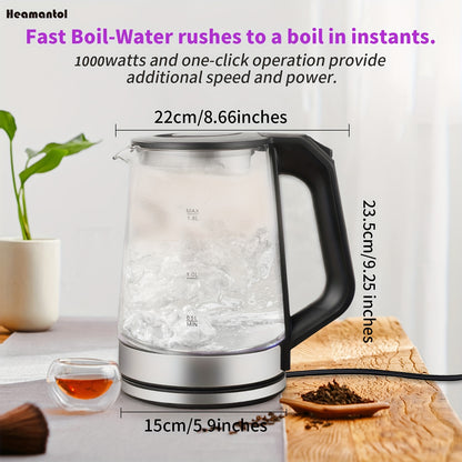1.8L Electric Tea Kettle – Borosilicate Glass, Auto Shut Off, LED Indicator, BPA-Free for Coffee & Tea