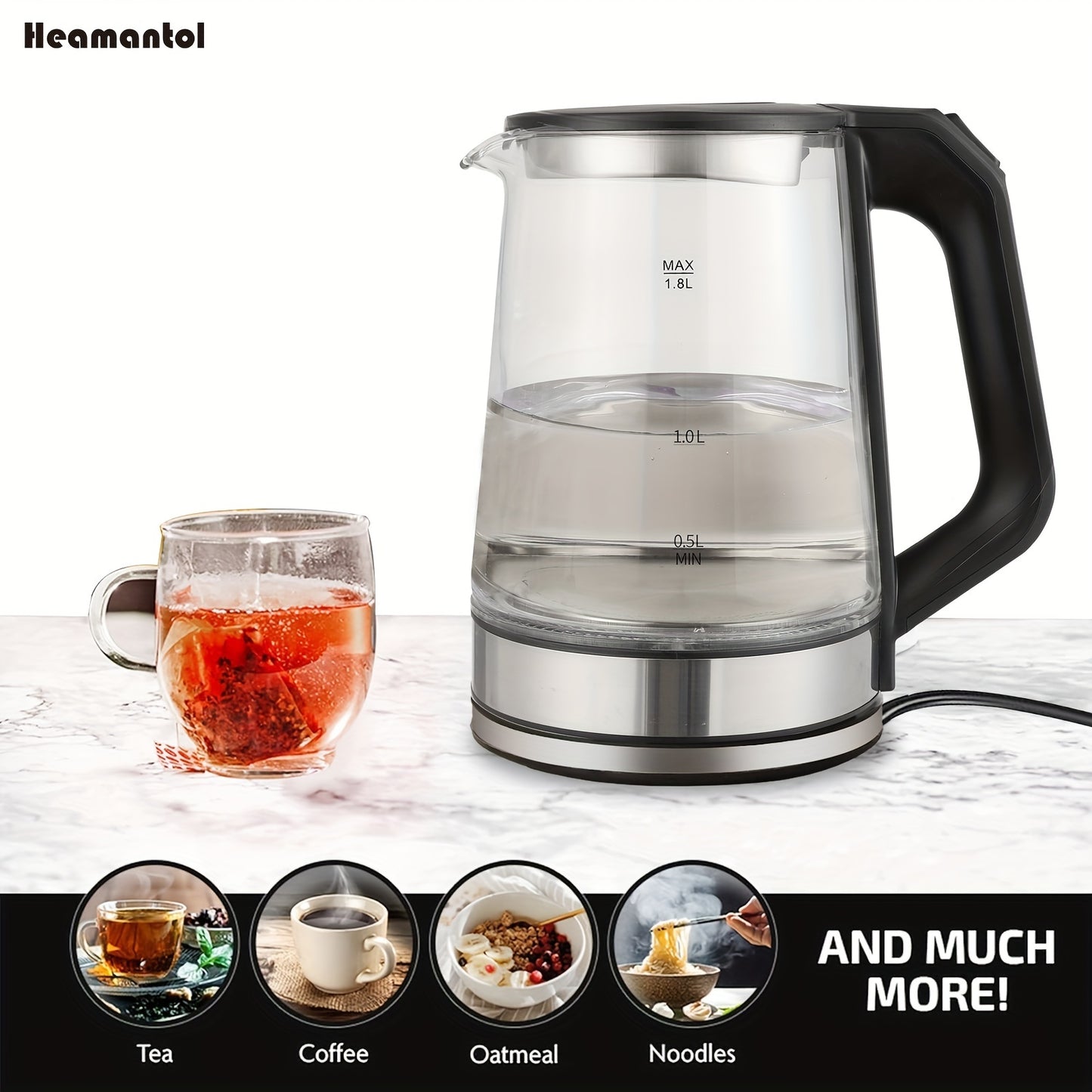 1.8L Electric Tea Kettle – Borosilicate Glass, Auto Shut Off, LED Indicator, BPA-Free for Coffee & Tea