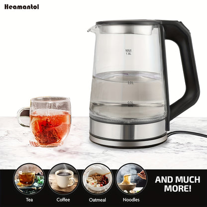 1.8L Electric Tea Kettle – Borosilicate Glass, Auto Shut Off, LED Indicator, BPA-Free for Coffee & Tea
