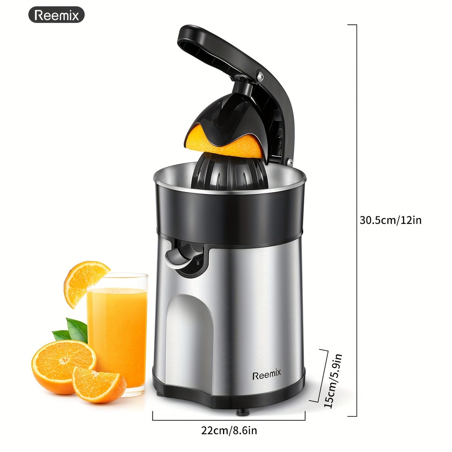 Electric Citrus Juicer Squeezer – Brushed Stainless Steel with Two Interchangeable Cones for Orange, Lemon, and Grapefruit, Easy to Clean and Use ( ABS+Stainless Steel )