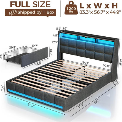 Twin Full Queen Bed Frame with LED Lighting and Charging Station - PU Leather/Neutral Linen Storage Headboard, Drawers, Heavy Duty Wood Slats, Easy Assembly - Modern Bedroom Furniture Upgrade