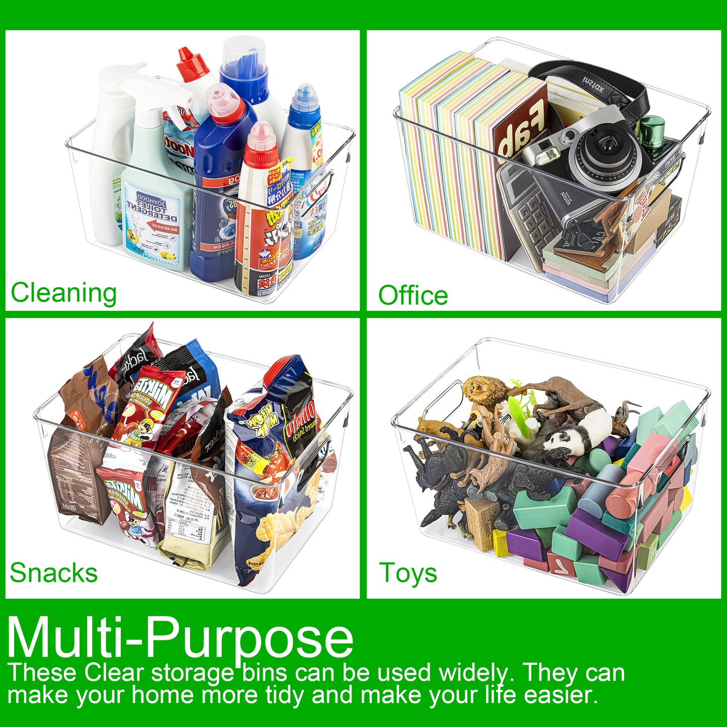 6 Pack Clear Storage Bins with Handles – Organizer for Toys, Snacks, Office Supplies & Pantry (11" x 8" x 6")