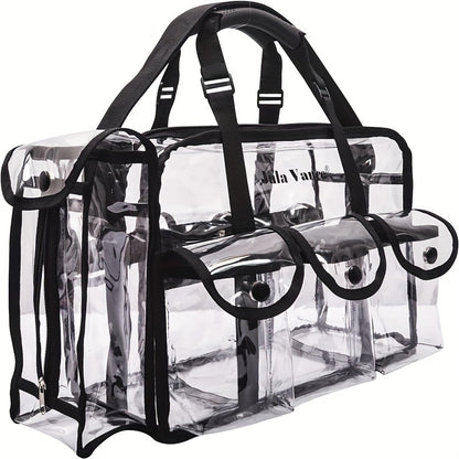 Professional Large Capacity Transparent PVC Makeup Organizer – Waterproof Cosmetic Bag with 6 Pockets and Adjustable Shoulder Strap, Travel-Friendly for MUA and Artists
