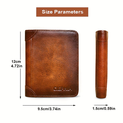 RFID Blocking Trifold Genuine Leather Wallet for Men – Vintage Cowhide, Multi-Function Credit Card Holder with Money Clip and 2 ID Windows