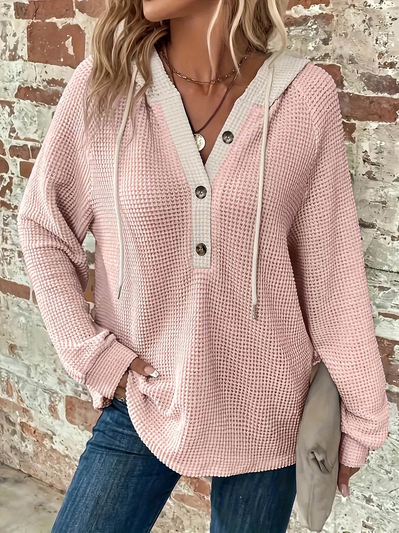 Color Block Button Front Drawstring Hoodie - Casual Long Sleeve Sweatshirt for Women
