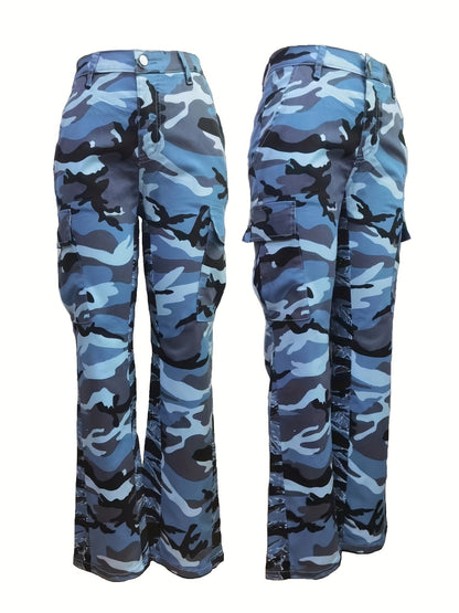 Fashionable High-Waist Camouflage Cargo Jeans – Sleek Straight Fit with Medium Stretch & Stylish Flap Pockets – Trendy High-Rise Denim Pants for Women