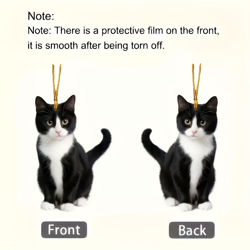 Acrylic Tuxedo Cat Hanging Ornament - Black and White Kitty Pendant with Plush Texture for Car and Bag Decor