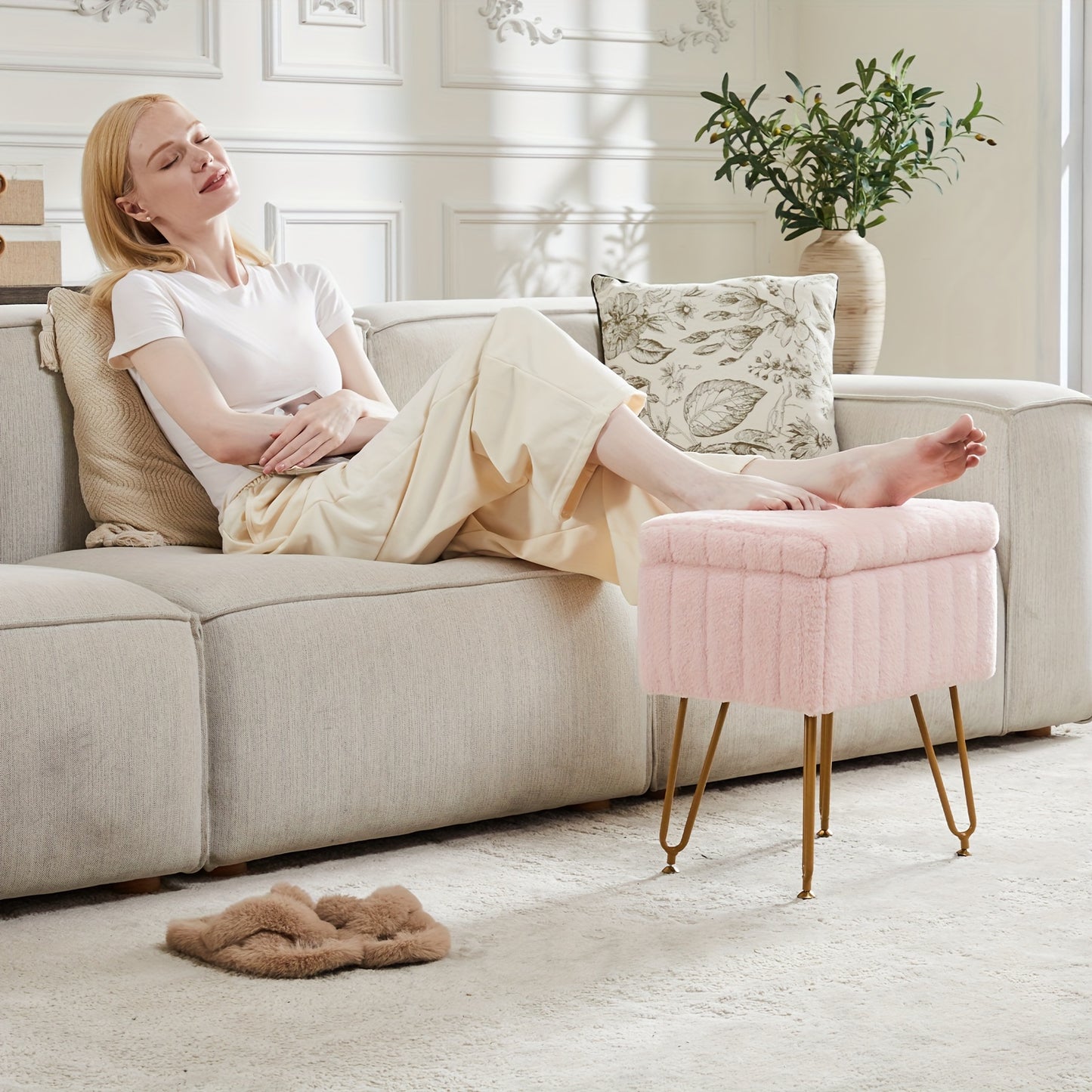 Luxurious Faux Fur Vanity Storage Ottoman Chair - Metal Legs, Flip-Top Foot Rest, Soft Padded Seat, Ample Storage