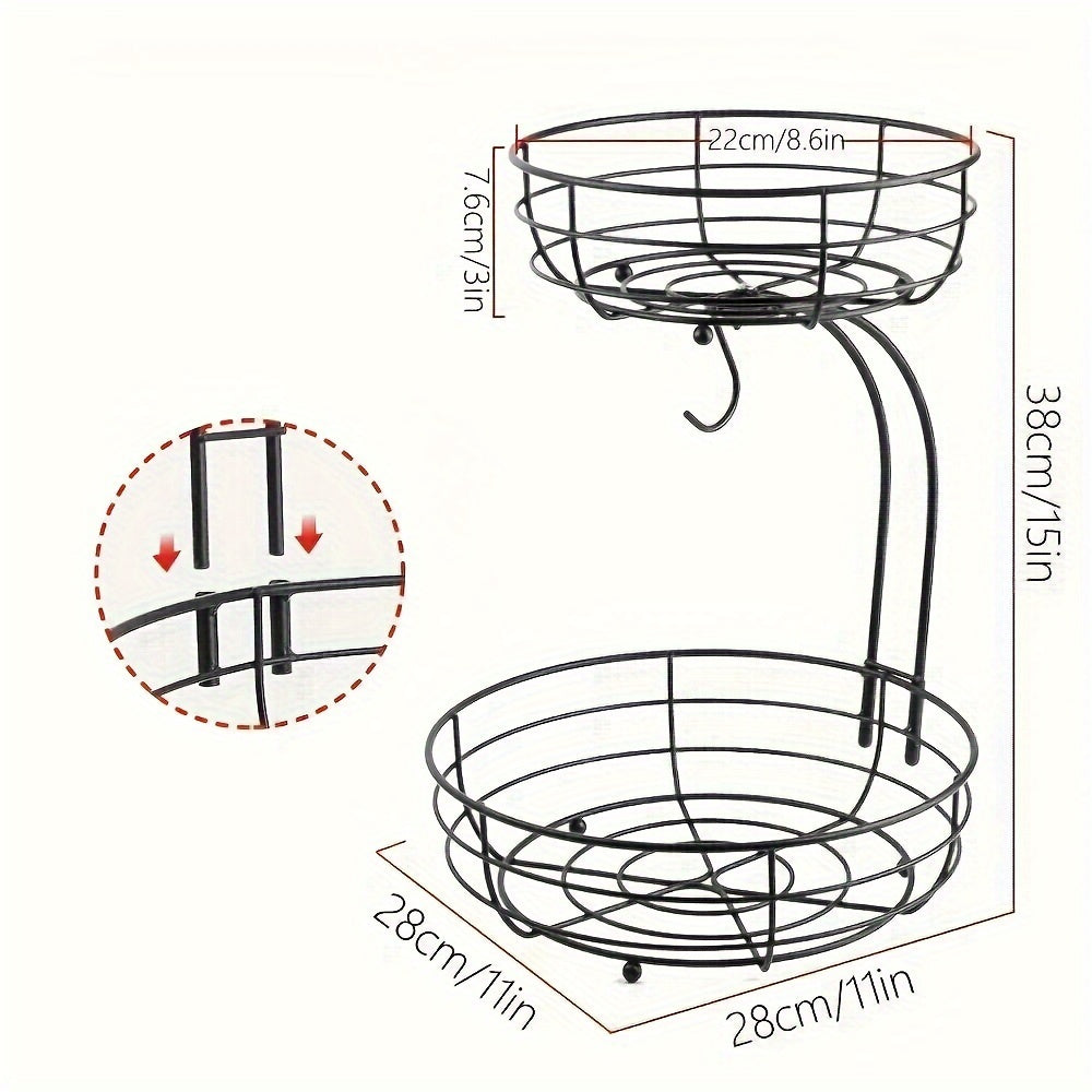 2 Tier Metal Countertop Fruit Basket with Banana Hanger – Vegetable & Snack Organizer for Kitchen