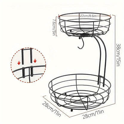 2 Tier Metal Countertop Fruit Basket with Banana Hanger – Vegetable & Snack Organizer for Kitchen