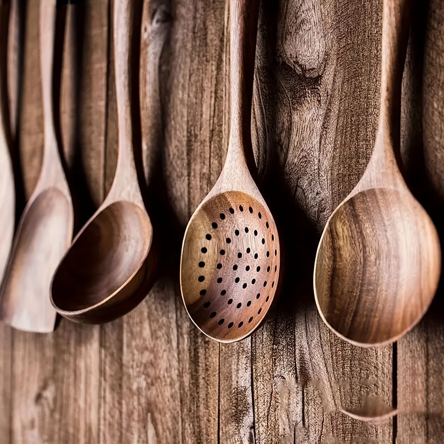 5pcs Wooden Kitchen Utensils Set – Natural Wooden Spoons, Spurtle, Ladle & Wok Spatulas for Non-Stick Pans