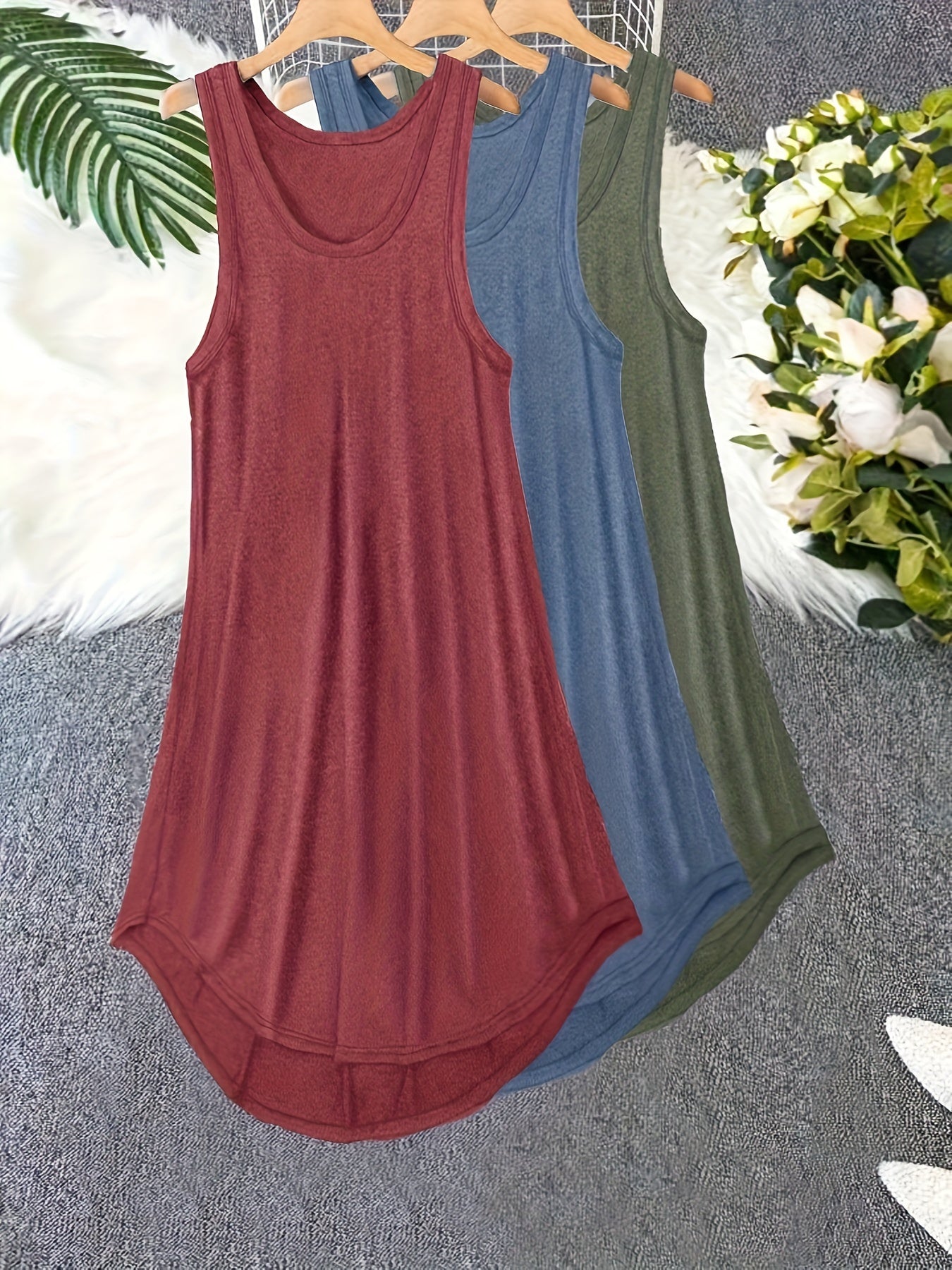 3 Pack Plus Size Basic Lounge Dress Set – Women's Solid Round Neck Tank Sleep Dress, 3 Piece Set