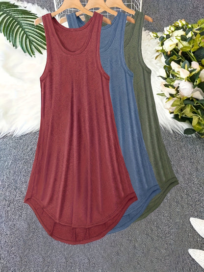 3 Pack Plus Size Basic Lounge Dress Set – Women's Solid Round Neck Tank Sleep Dress, 3 Piece Set