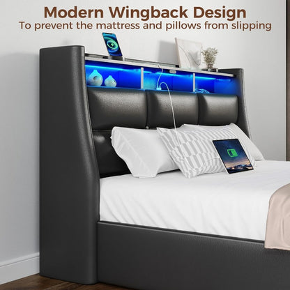Twin Full Queen Bed Frame with LED Lighting and Charging Station - PU Leather/Neutral Linen Storage Headboard, Drawers, Heavy Duty Wood Slats, Easy Assembly - Modern Bedroom Furniture Upgrade