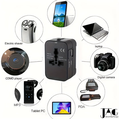 Universal Travel Adapter with Dual USB Ports - All-In-One Wall Charger with US/EU/UK/AU Plugs, 110V-240V Input, Surge Protection, Compatible with iPhone, Samsung, Tablets for Over 150 Countries