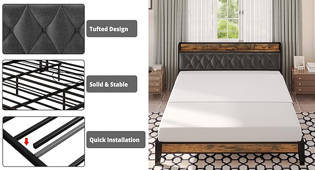 ANCTOR Bed Frame – Twin to California King Sizes, Storage Headboard with Outlets, No Noise, No Box Spring Needed