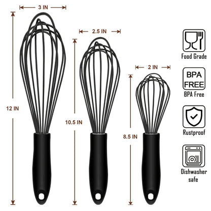3 Piece Silicone Egg Whisk Set - Manual Egg Beater for Baking and Kitchen Us