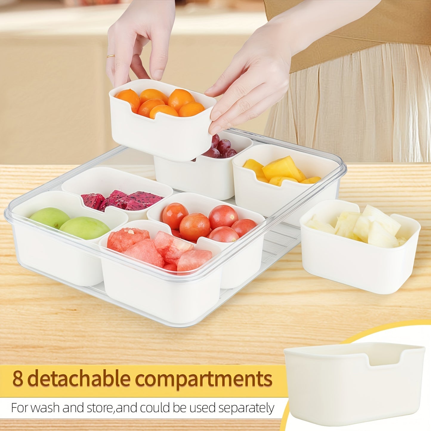 Divided Serving Tray with Handle - Lid and Removable Snack Box, 8-Compartment Fruit Container, Food Storage, Snack and Lunch Organizer, Fridge Platter for Candy, Party, Salad