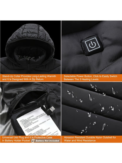 Women's Waterproof Heated Jacket - USB Electric with 3 Heating Levels & 9 Zones for Outdoor Camping, Hiking & Skiing (Battery Pack Not Included)