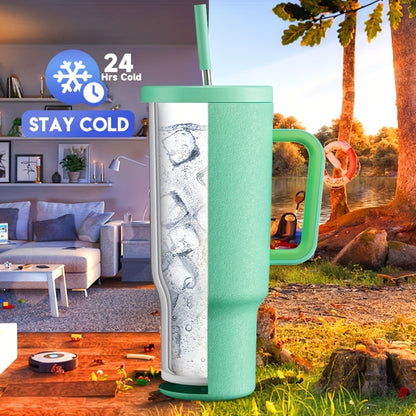 Meoky 40oz Stainless Steel Travel Mug – Insulated Handle Mug with Leakproof Lid and Straw, Ideal for Outdoor Camping, Hiking, and Car Travel - Covered Thermos.