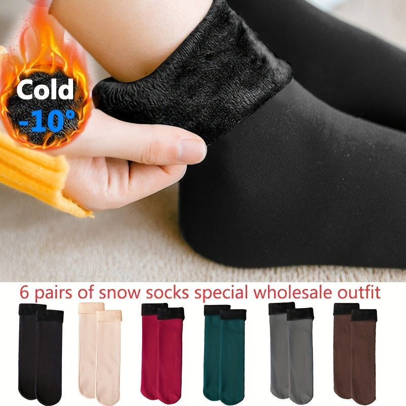 6 Pairs Winter Thermal Socks - Unisex Thickened Fleece-Lined Mid-Calf Boot Socks in Solid Colors - Soft Polyester and Spandex Fabric, Hand Wash Recommended