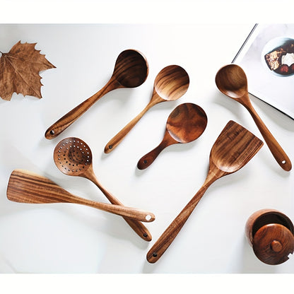 7pcs Premium Teak Wooden Cooking Spoons Set - Ergonomic Non-Stick Spatula with Soft Grip Handle - Perfect for Back to School, Kitchen Essentials, and Culinary Arts