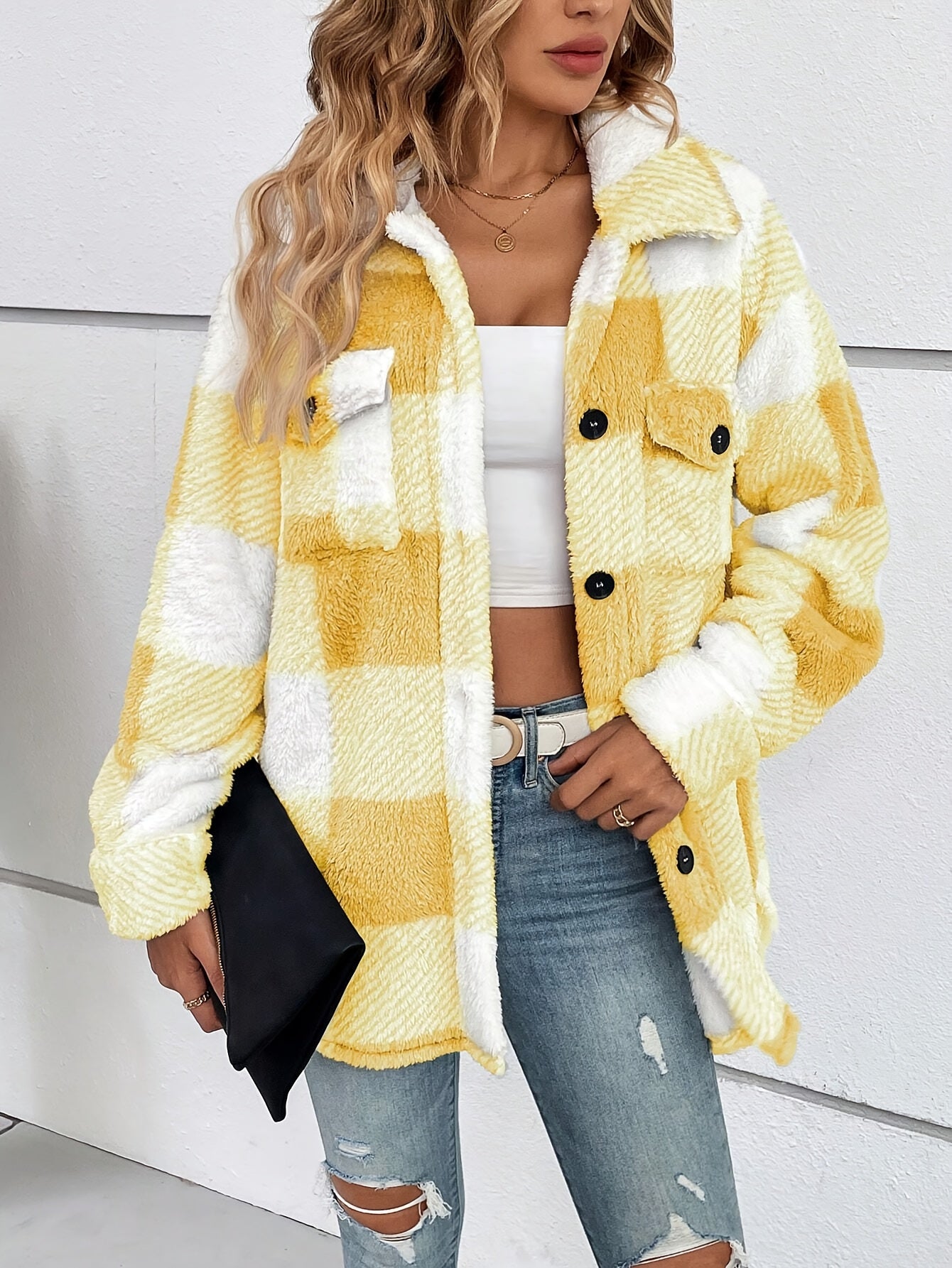 Plaid Pattern Button-Front Fuzzy Coat – Elegant Long Sleeve Warm Outerwear for Fall & Winter, Women's Clothing