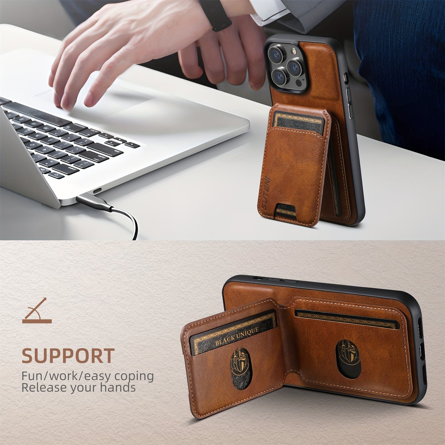 Suteni Luxury PU Leather Card Holder Phone Case - Compatible with iPhone 15 Pro Max, 14 Plus, 13, 12, 11, XR, XS Max