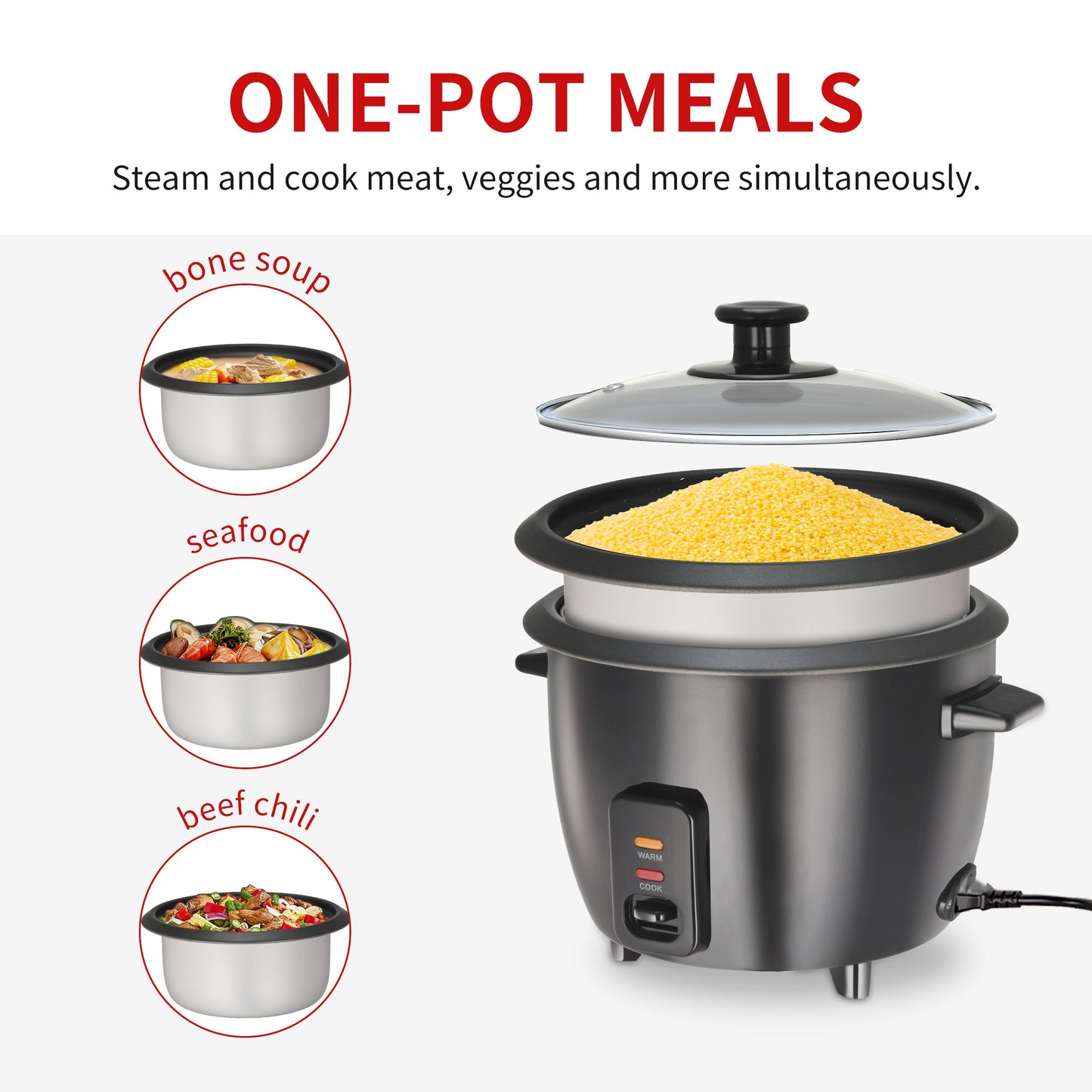 Versatile 6-Cup Rice Cooker with Yogurt Maker - 1.5 Qt Capacity, Nonstick Pot, Auto Keep Warm, One Touch Operation - Includes Steamer for Oatmeal and Soup, Stainless Steel Liner