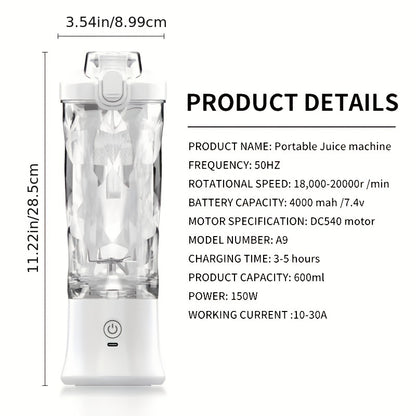 600ml Portable Electric Juicer Cup - Citrus Juicer with Ice Crusher, Wireless and Type-C Charging - Ideal for Fresh Juice on the Go
