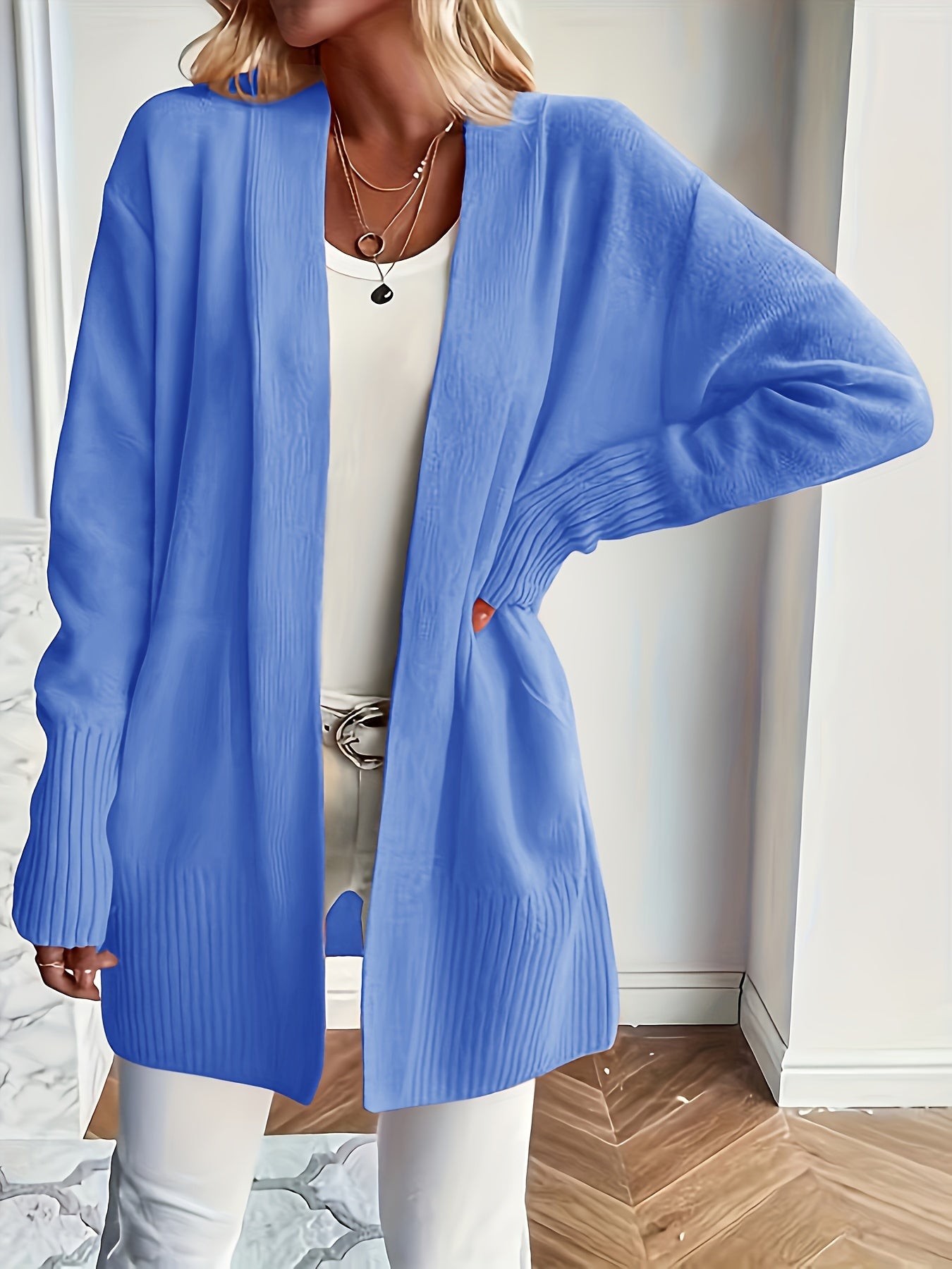 Solid Open Front Knit Cardigan - Casual Long Sleeve Loose Sweater with Pockets, Women's Clothing