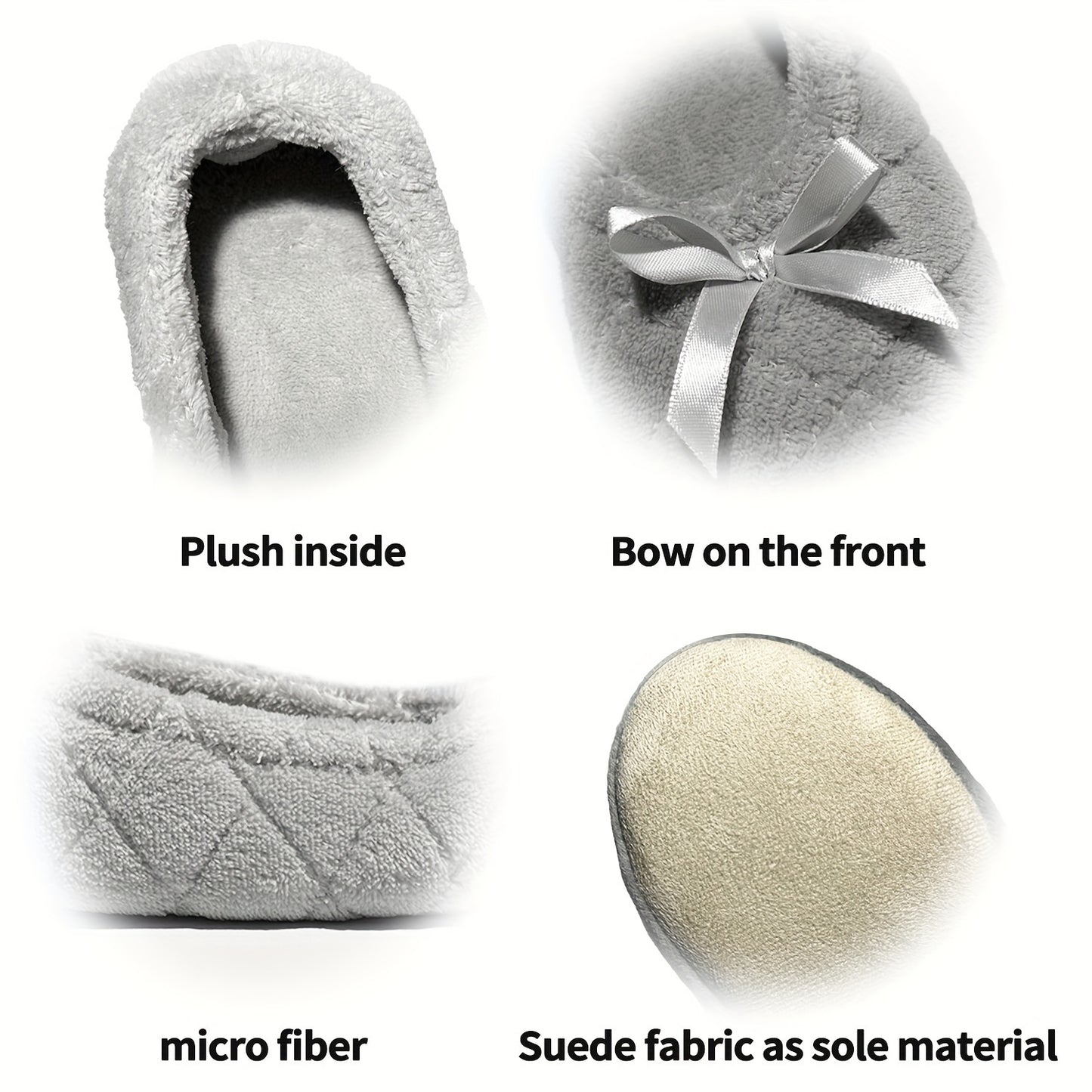 Elegant Women's Ballerina Slippers - Soft Quilted Terrycloth with Satin Bowknot, Lightweight Indoor Shoes in Grey