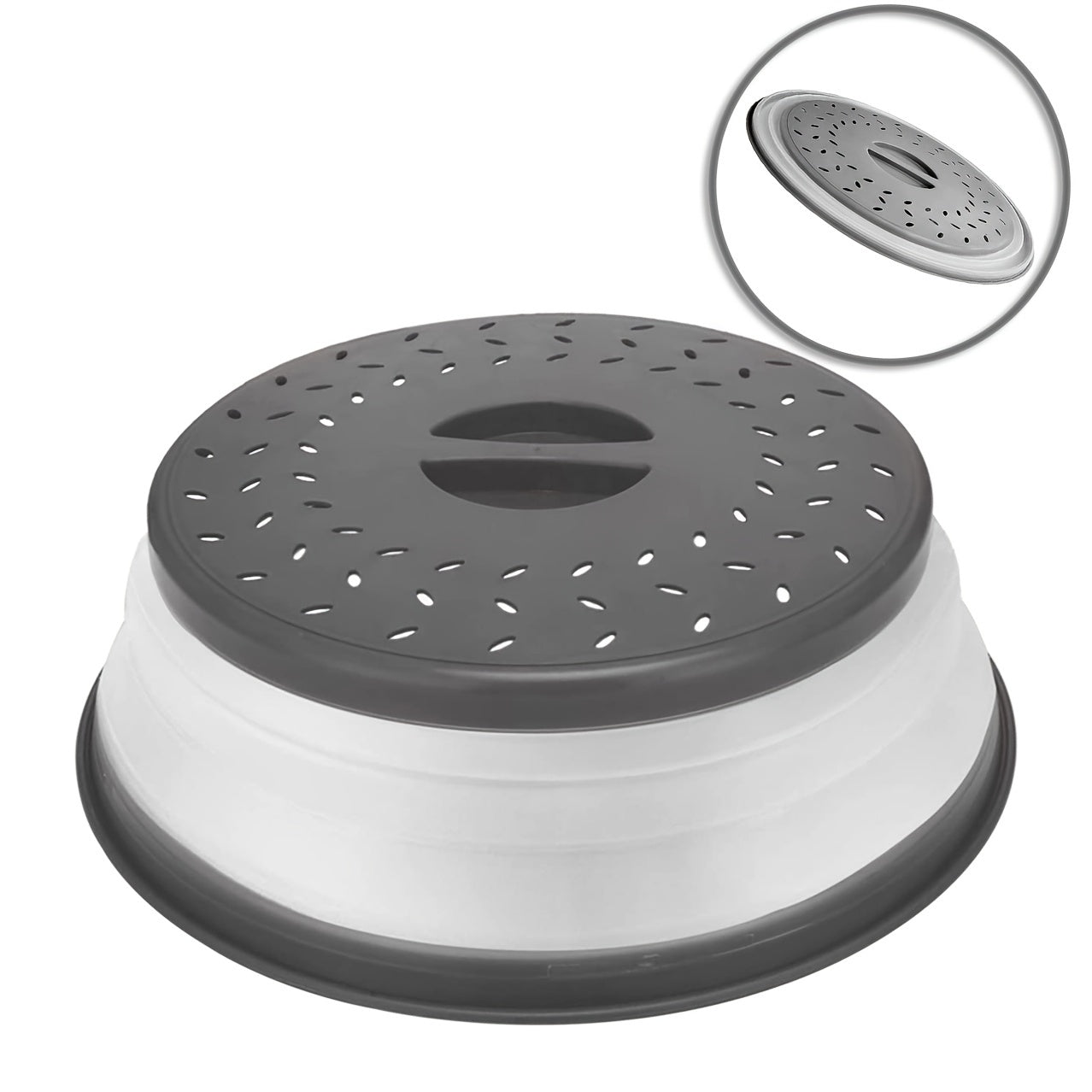 Collapsible Microwave Food Cover – 10.5 Inch Round, BPA-Free TPR with Handle, Steam Vent & Strainer for Plate Protection (Grey)