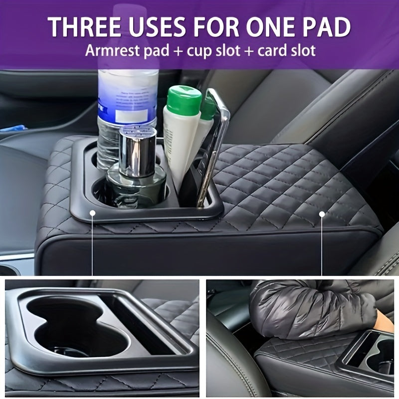 Memory Foam Car Armrest Pillow with Cup and Phone Holder - Luxury Faux Leather Center Console Cushion for Enhanced Comfort - Fits Most Vehicles