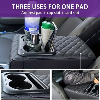 Memory Foam Car Armrest Pillow with Cup and Phone Holder - Luxury Faux Leather Center Console Cushion for Enhanced Comfort - Fits Most Vehicles