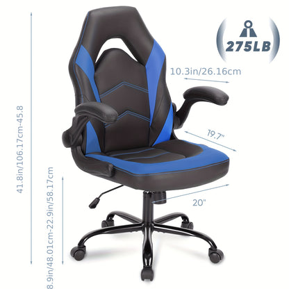 Ergonomic Gaming Chair – PU Leather Home Office Desk Chair with Lumbar Support, Height Adjustable, Big and Tall with Flip-Up Armrests and Swivel Wheels for Adults and Teens