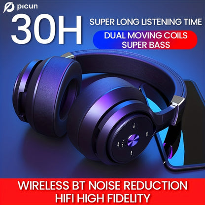Picun P28X BT Over-Ear Headphones - 30H Playtime, EQ Music Modes, HiFi Stereo, Deep Bass, Lightweight Foldable Headset with Microphone, Dual Moving Coils for Home, Office and PC