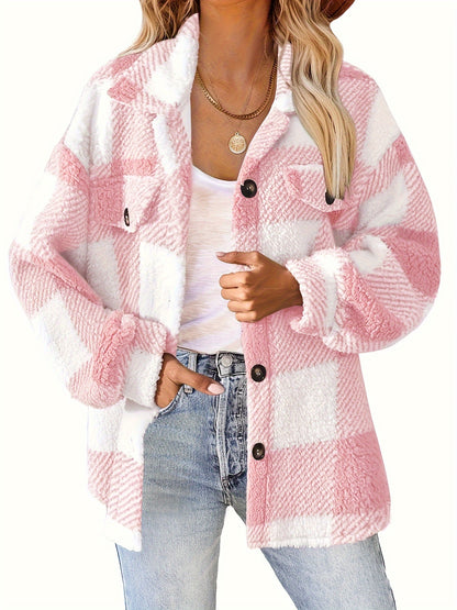 Women's Plaid Button-Front Teddy Coat – Long Sleeve Thermal Winter Outwear