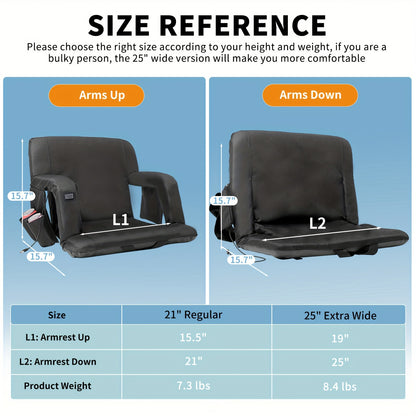 LILYPELLE ComfortPlus Stadium Seat - Double Heated, 6 Reclining Positions, Portable Bleacher Seat with Back and Arm Support for Sports Events, Travel, Hiking, Camping, and Outdoor Activities