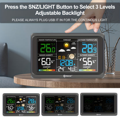 Geevon Wireless Weather Station - Indoor/Outdoor Thermometer with Color Display, Digital Temperature Gauge, Barometer, Calendar, USB Charge, and Adjustable Backlight (Battery Operated)