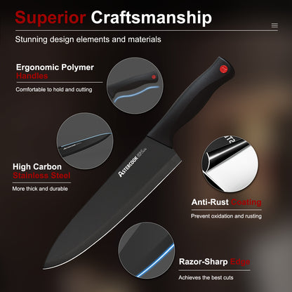 15 Piece Astercook Premium Knife Set - German Steel, Dishwasher Safe, Includes Elegant Black Block and Built-In Sharpener for Precision Cutting