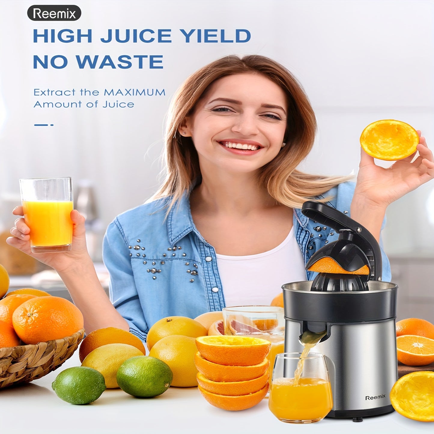 Electric Citrus Juicer Squeezer – Brushed Stainless Steel with Two Interchangeable Cones for Orange, Lemon, and Grapefruit, Easy to Clean and Use ( ABS+Stainless Steel )