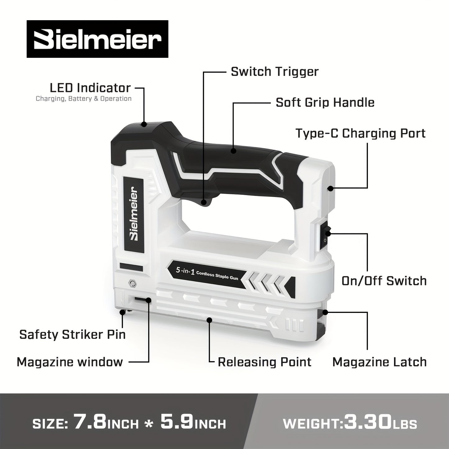 Bielmeier Lithium Ion Staple Gun - 5-in-1 Brad Nailer, 4V Rechargeable Cordless, Battery-Powered with 2,000 Staples and Nails - Power Tacker for Home, Wood, Upholstery, DIY