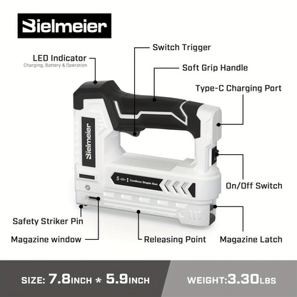 Bielmeier Lithium Ion Staple Gun - 5-in-1 Brad Nailer, 4V Rechargeable Cordless, Battery-Powered with 2,000 Staples and Nails - Power Tacker for Home, Wood, Upholstery, DIY
