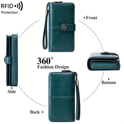 RFID Large Capacity Women's Wallet - Retro Style, Multi-Card, Solid Color with Zipper and Wrist Strap