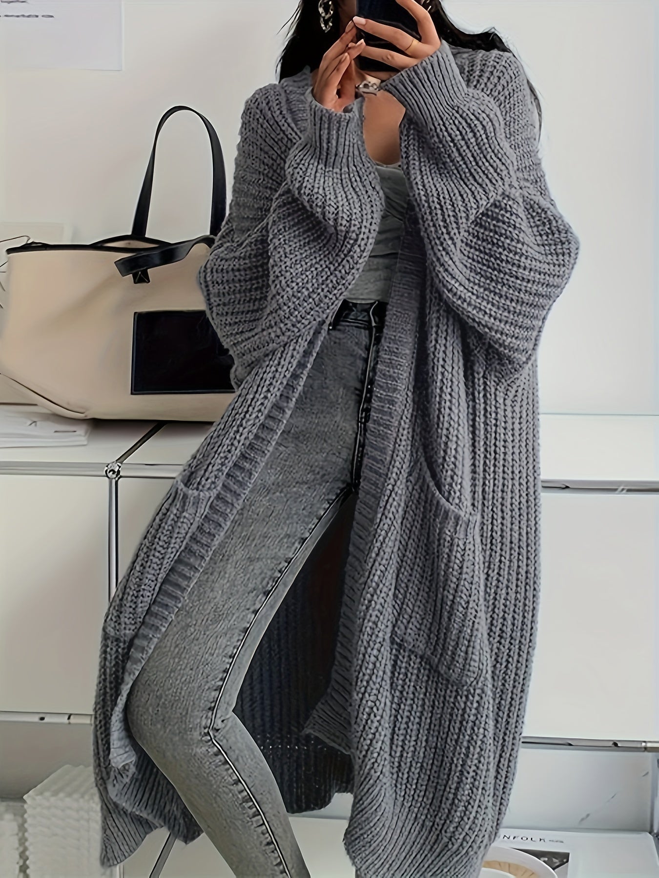 Solid Color Open Front Knitted Cardigan - Casual Long Sleeve Long Length for Spring and Fall Women's Clothing