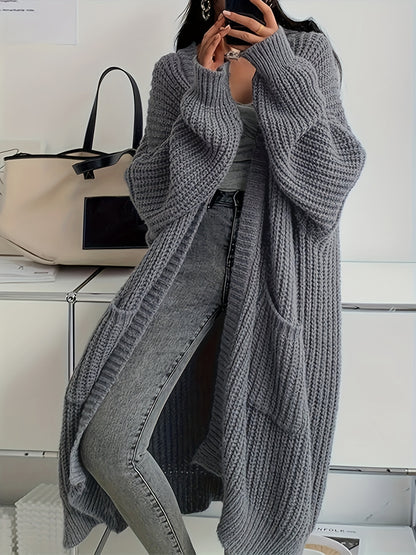 Solid Color Open Front Knitted Cardigan - Casual Long Sleeve Long Length for Spring and Fall Women's Clothing