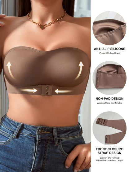 Front Buckle Strapless Bra: Wireless Non-Padded Bandeau Bra for Women, Lingerie and Underwear
