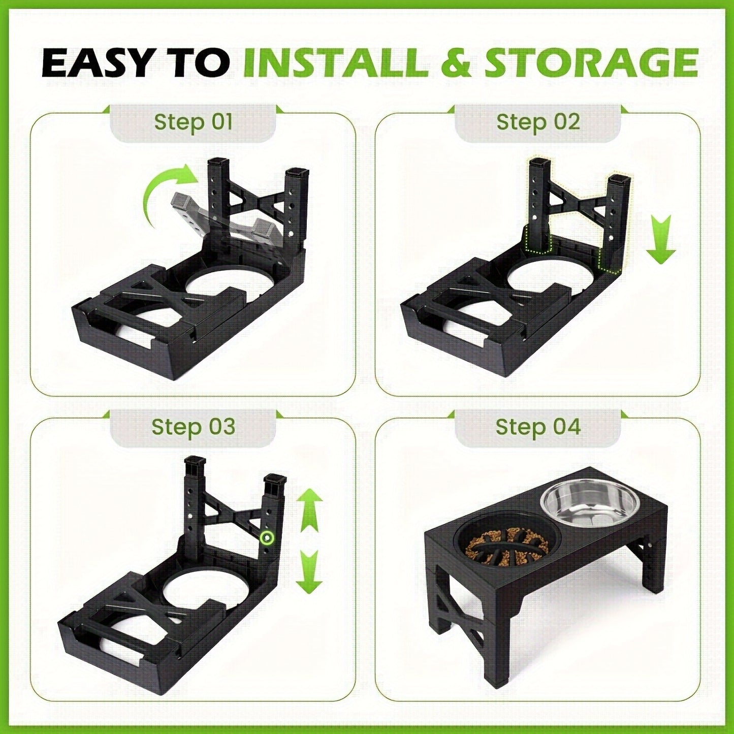 Elevated Dog Bowls with 5 Adjustable Heights – Raised Stand with 2 Stainless Steel Bowls and 1 Slow Feeder, Adjusts from 3.2" to 12.2" for Small, Medium, and Large Dogs